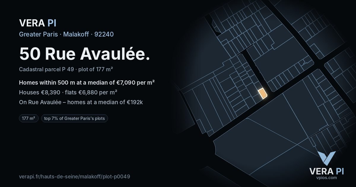 50 Rue Avaulée, Malakoff at night – the plot lit, the parcels around coloured by the prices near them