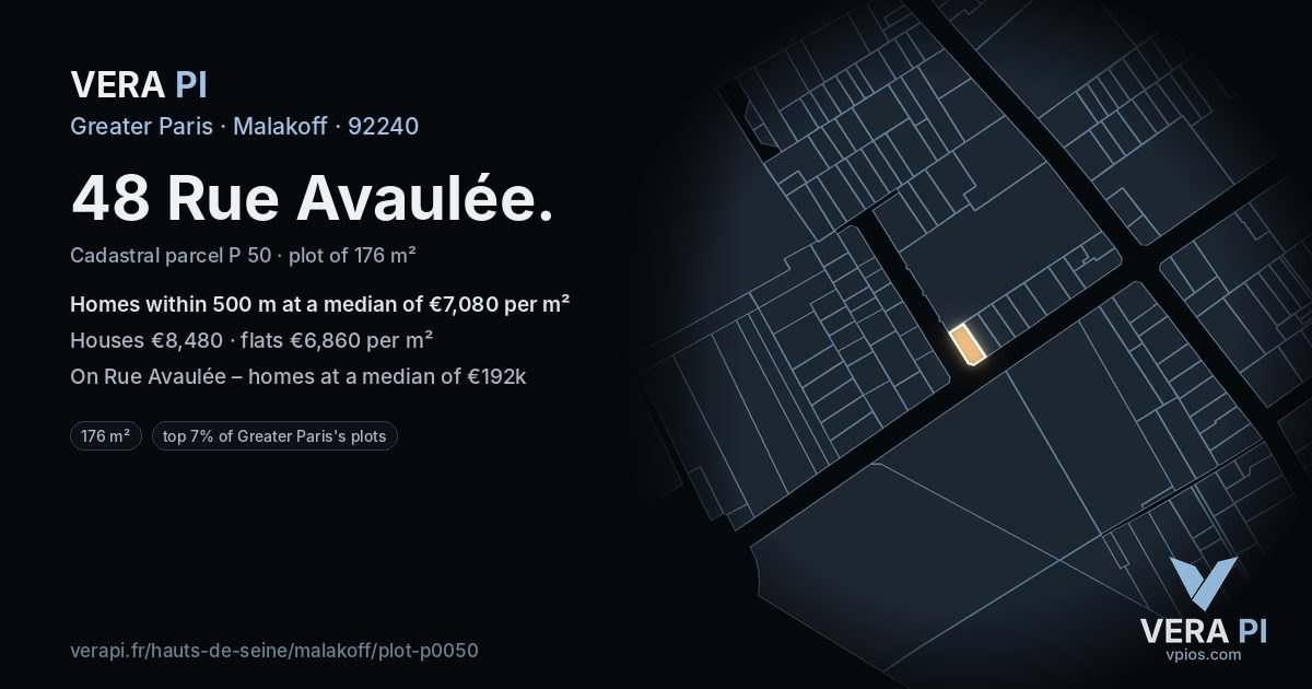 48 Rue Avaulée, Malakoff at night – the plot lit, the parcels around coloured by the prices near them