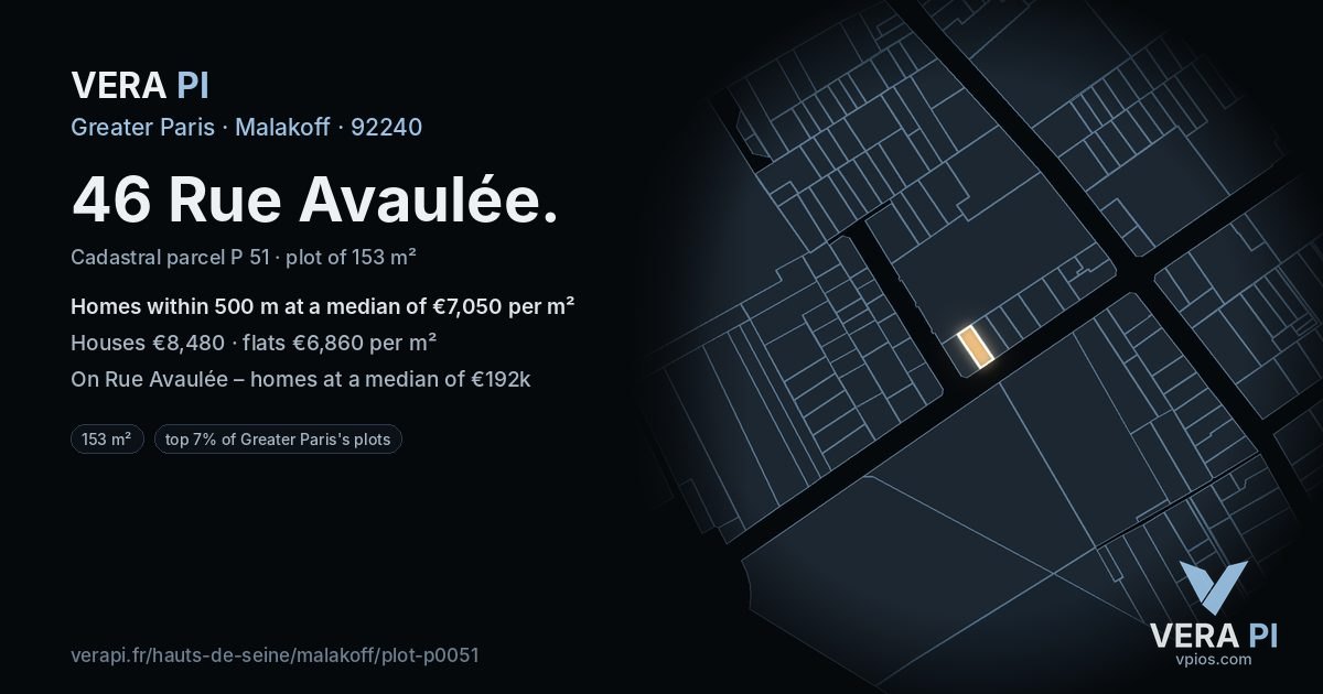 46 Rue Avaulée, Malakoff at night – the plot lit, the parcels around coloured by the prices near them