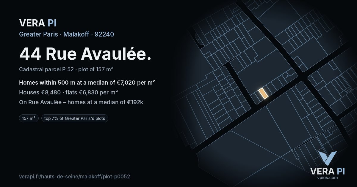 44 Rue Avaulée, Malakoff at night – the plot lit, the parcels around coloured by the prices near them