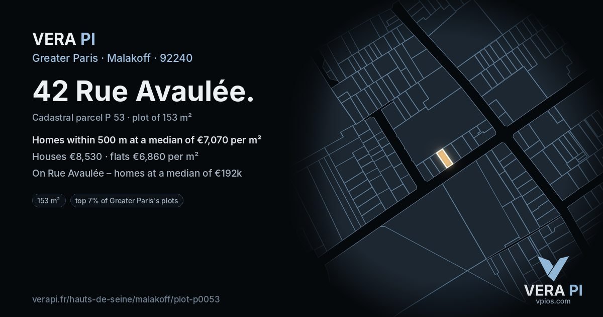 42 Rue Avaulée, Malakoff at night – the plot lit, the parcels around coloured by the prices near them