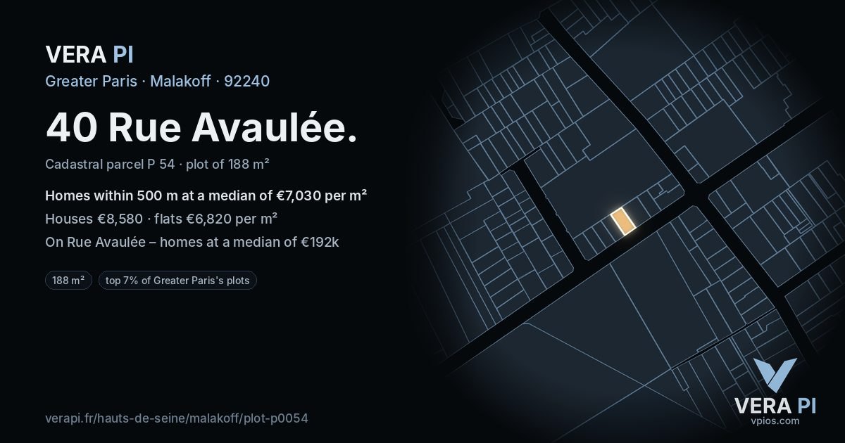 40 Rue Avaulée, Malakoff at night – the plot lit, the parcels around coloured by the prices near them