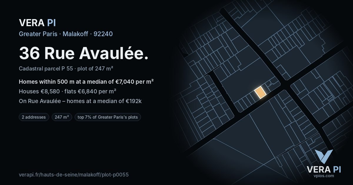 36 Rue Avaulée, Malakoff at night – the plot lit, the parcels around coloured by the prices near them