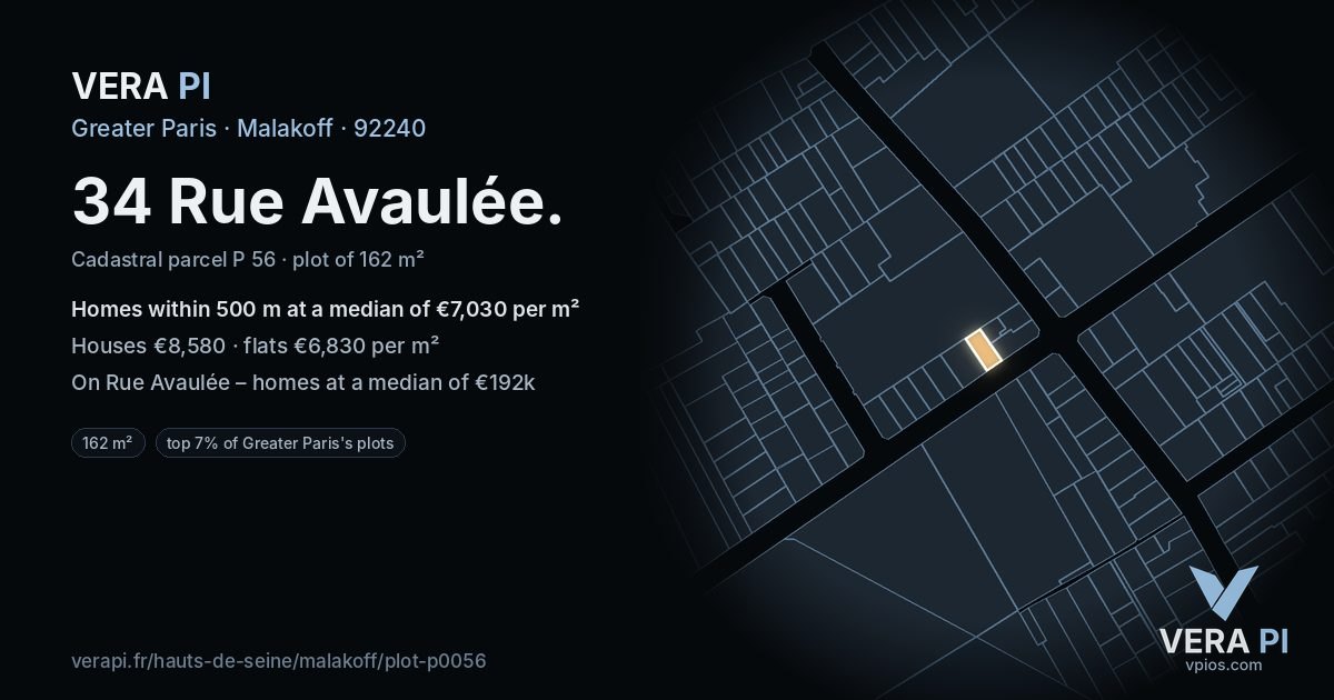 34 Rue Avaulée, Malakoff at night – the plot lit, the parcels around coloured by the prices near them