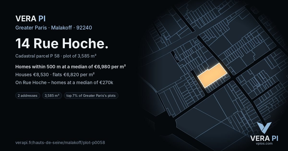 14 Rue Hoche, Malakoff at night – the plot lit, the parcels around coloured by the prices near them