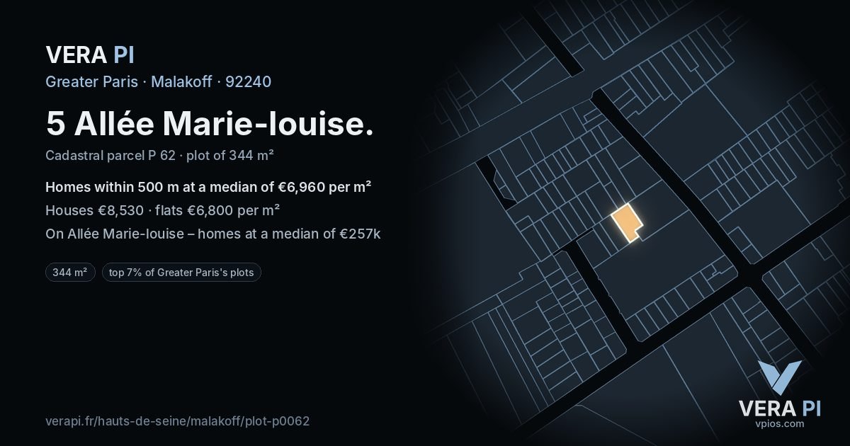 5 Allée Marie-louise, Malakoff at night – the plot lit, the parcels around coloured by the prices near them