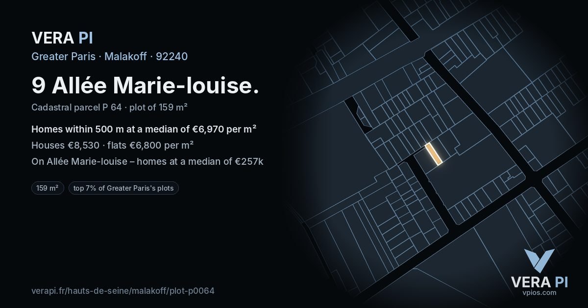 9 Allée Marie-louise, Malakoff at night – the plot lit, the parcels around coloured by the prices near them