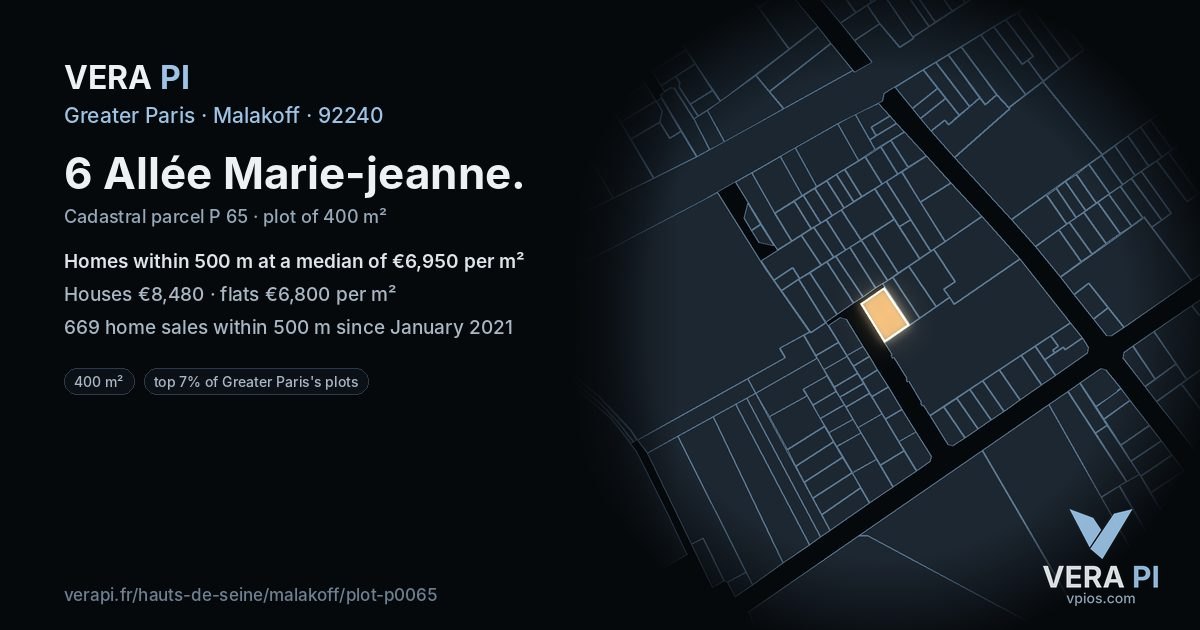 6 Allée Marie-jeanne, Malakoff at night – the plot lit, the parcels around coloured by the prices near them
