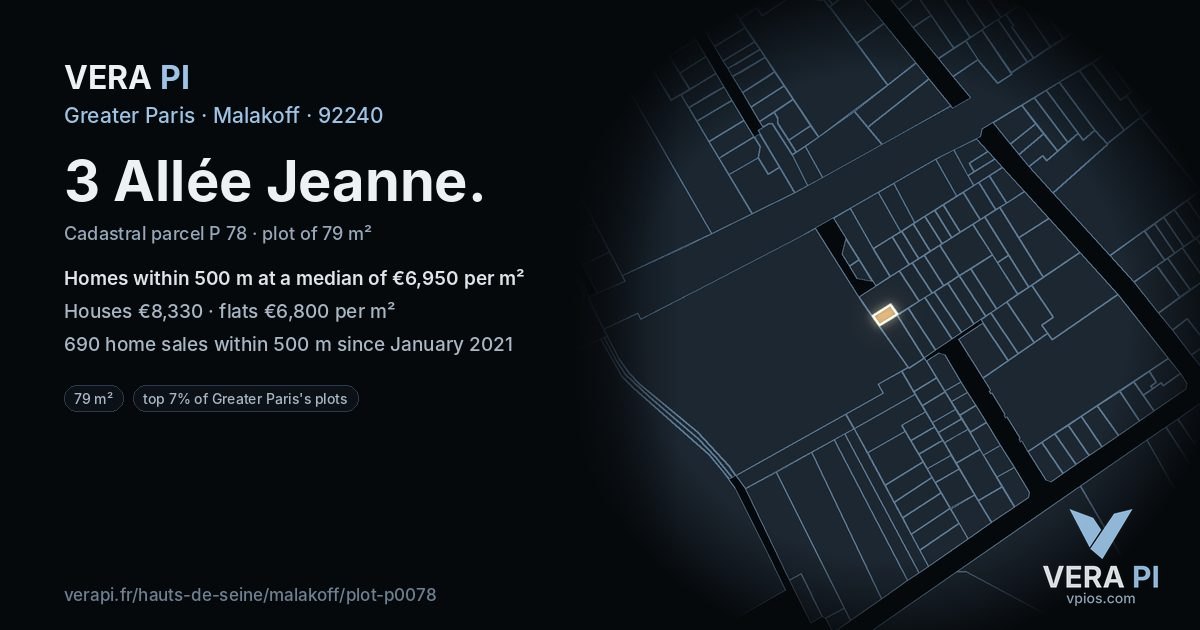 3 Allée Jeanne, Malakoff at night – the plot lit, the parcels around coloured by the prices near them
