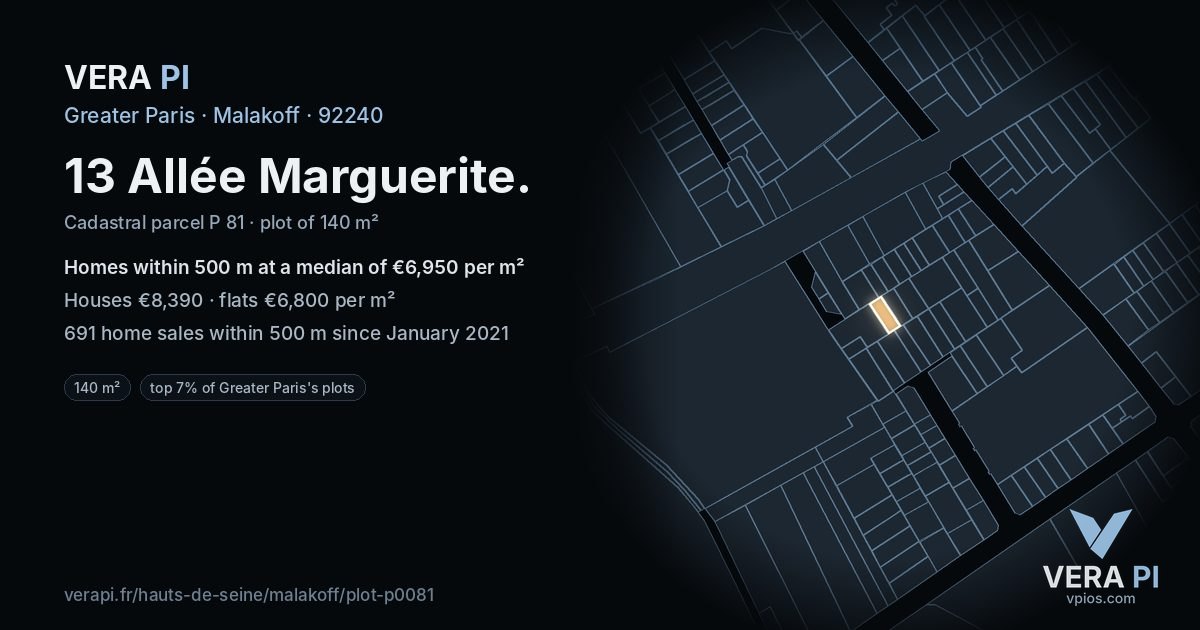 13 Allée Marguerite, Malakoff at night – the plot lit, the parcels around coloured by the prices near them