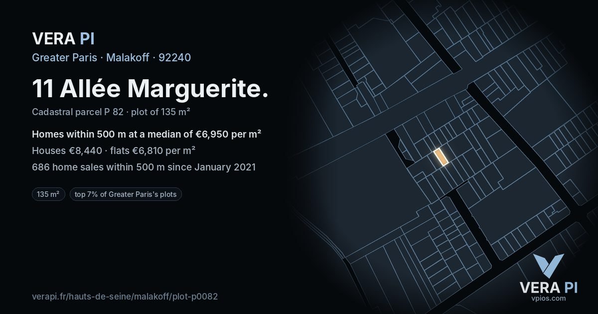 11 Allée Marguerite, Malakoff at night – the plot lit, the parcels around coloured by the prices near them