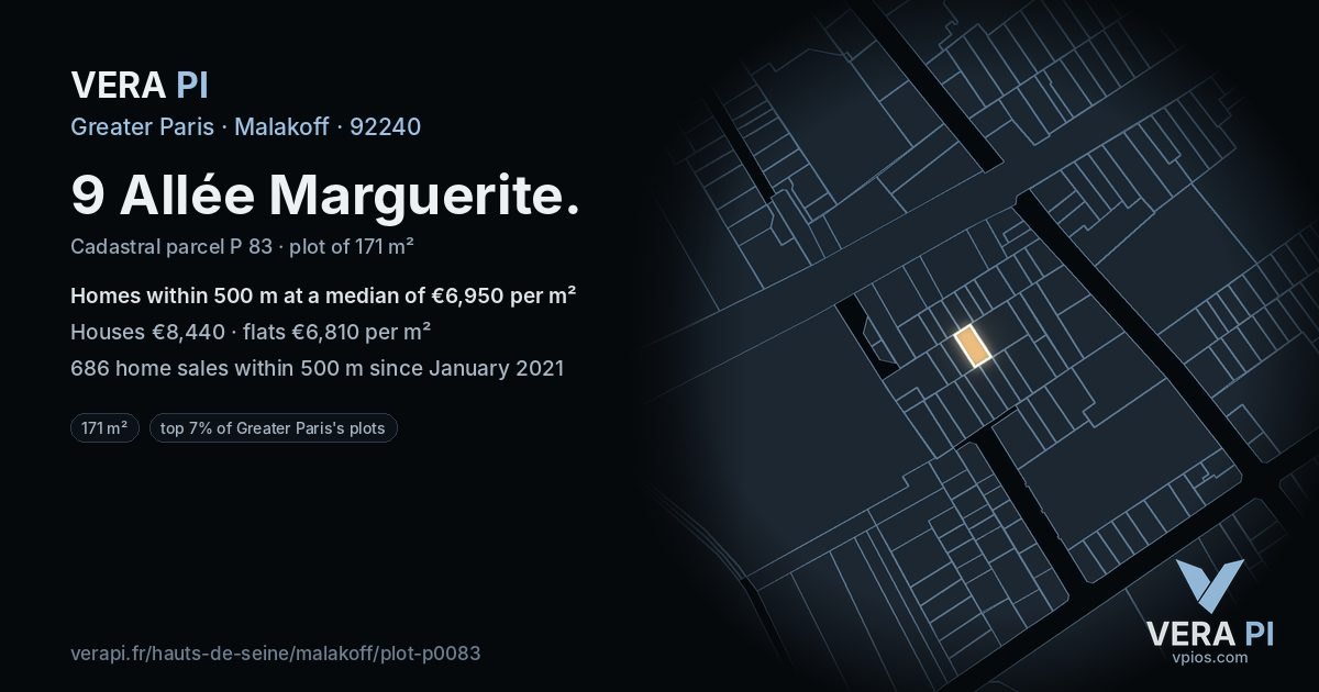 9 Allée Marguerite, Malakoff at night – the plot lit, the parcels around coloured by the prices near them