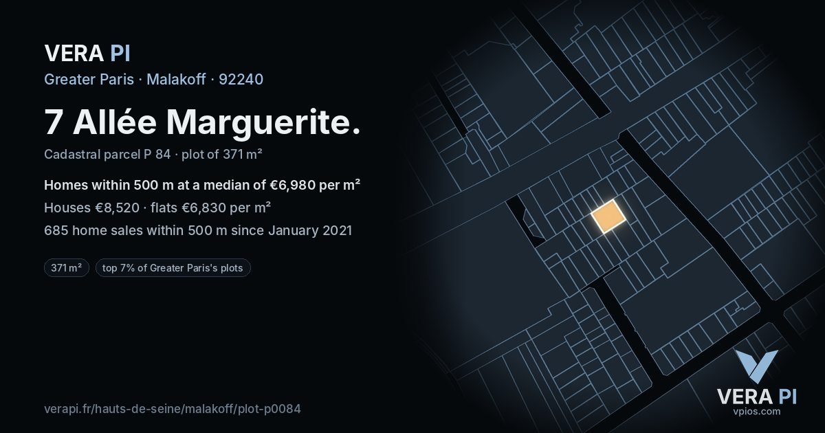 7 Allée Marguerite, Malakoff at night – the plot lit, the parcels around coloured by the prices near them