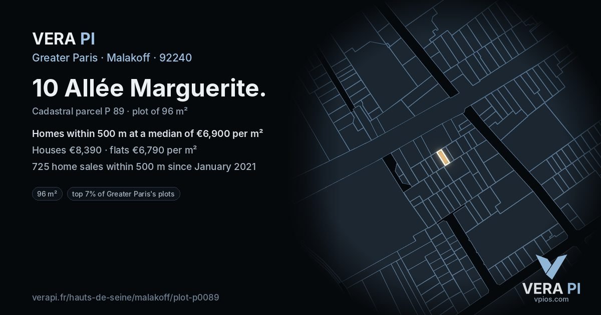 10 Allée Marguerite, Malakoff at night – the plot lit, the parcels around coloured by the prices near them