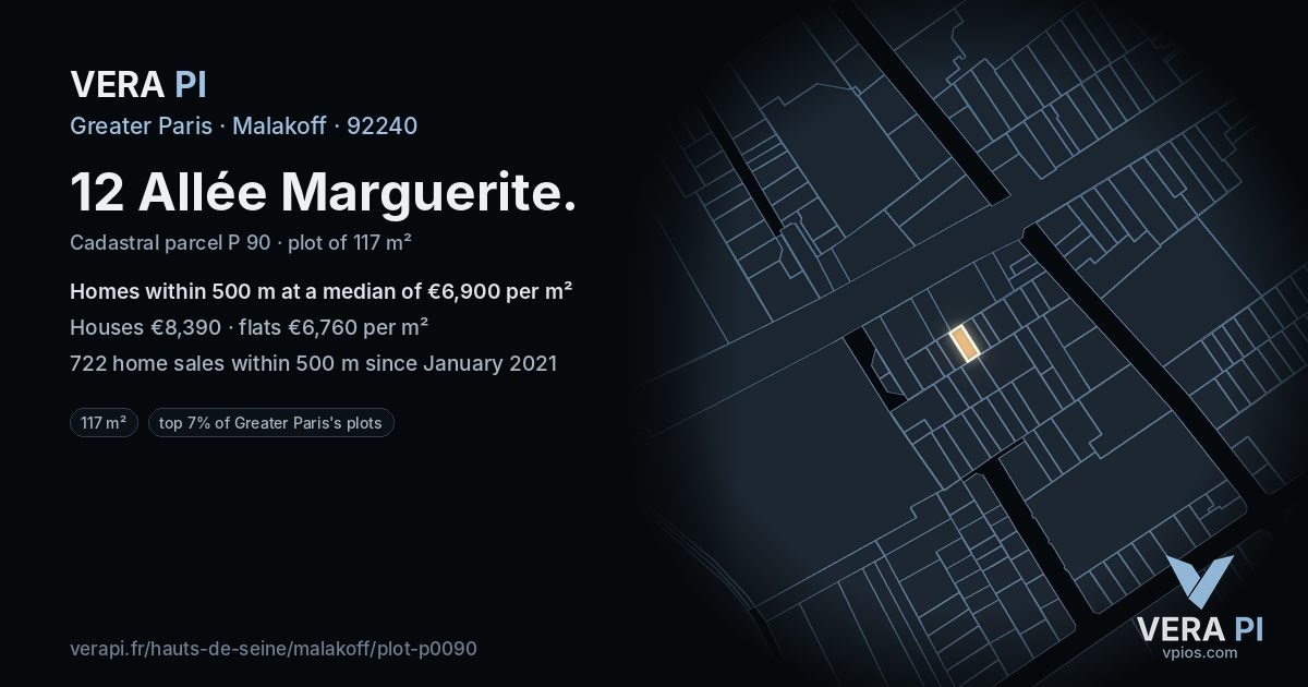 12 Allée Marguerite, Malakoff at night – the plot lit, the parcels around coloured by the prices near them