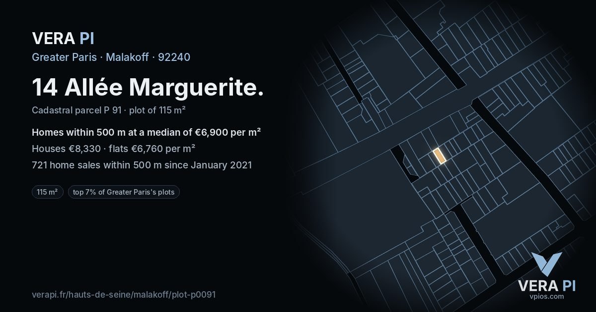 14 Allée Marguerite, Malakoff at night – the plot lit, the parcels around coloured by the prices near them