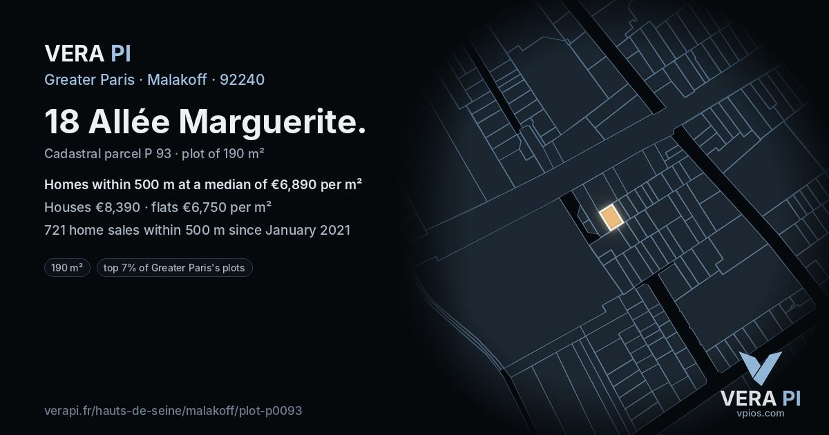 18 Allée Marguerite, Malakoff at night – the plot lit, the parcels around coloured by the prices near them