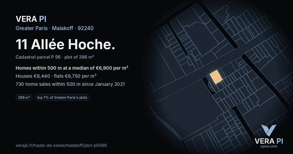 11 Allée Hoche, Malakoff at night – the plot lit, the parcels around coloured by the prices near them