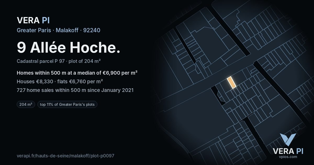 9 Allée Hoche, Malakoff at night – the plot lit, the parcels around coloured by the prices near them