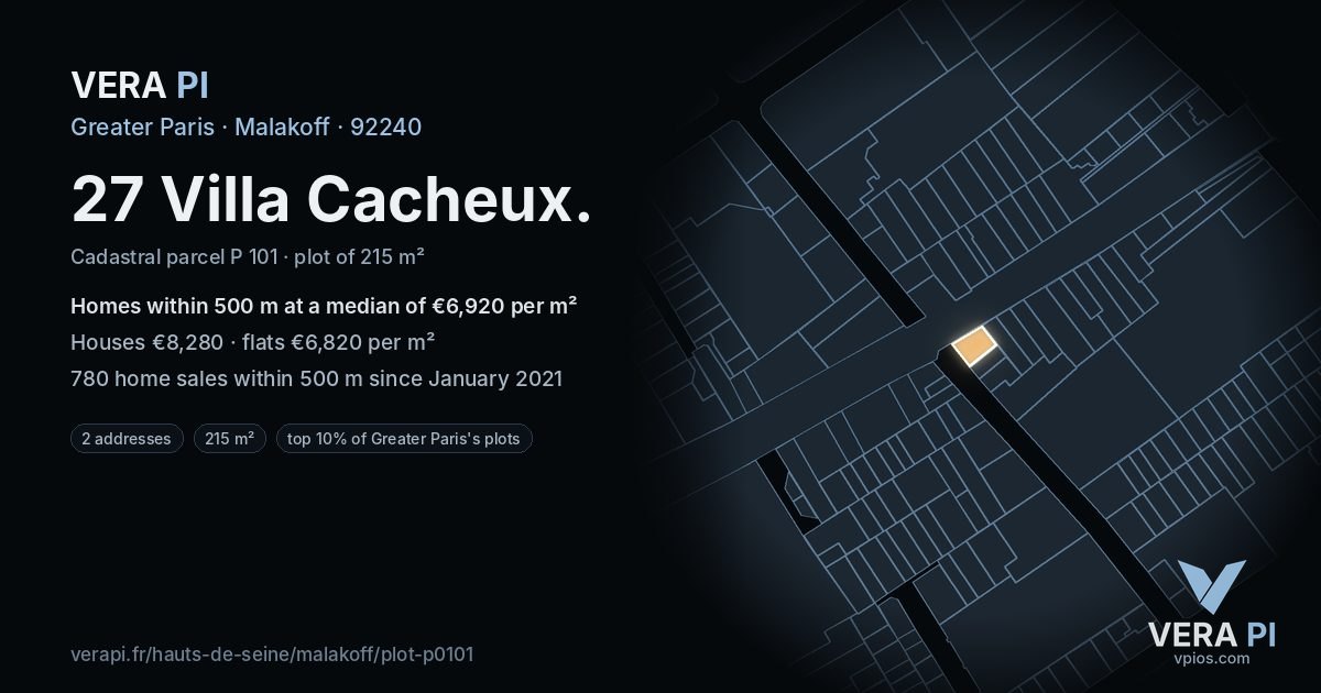 27 Villa Cacheux, Malakoff at night – the plot lit, the parcels around coloured by the prices near them