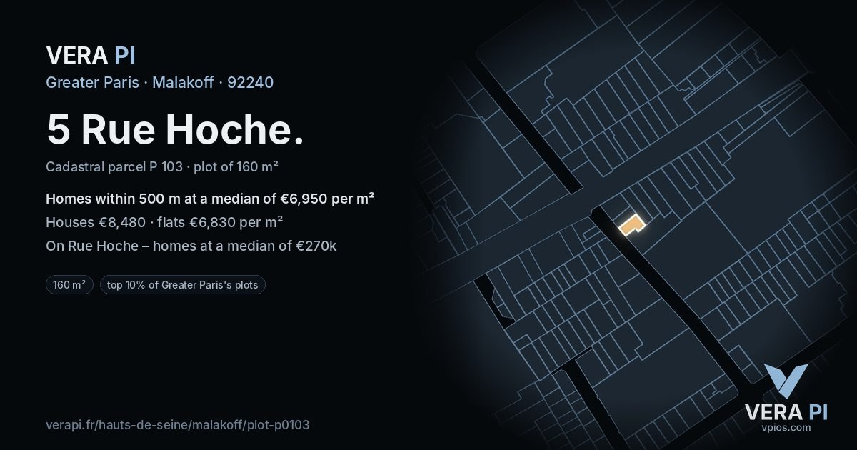 5 Rue Hoche, Malakoff at night – the plot lit, the parcels around coloured by the prices near them