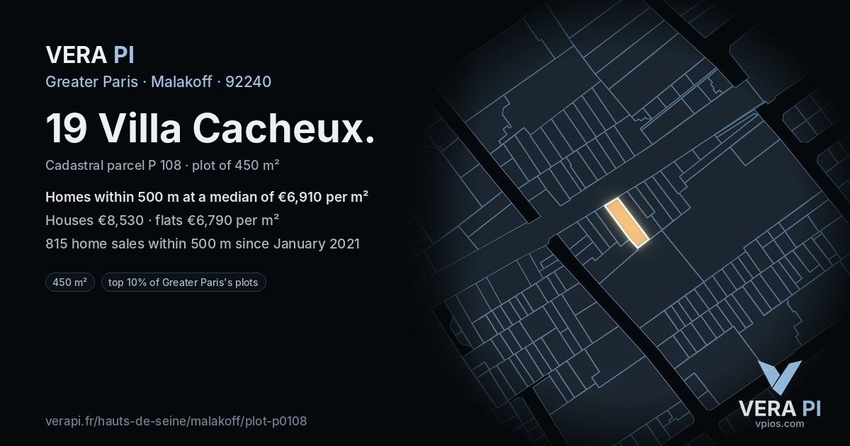 19 Villa Cacheux, Malakoff at night – the plot lit, the parcels around coloured by the prices near them
