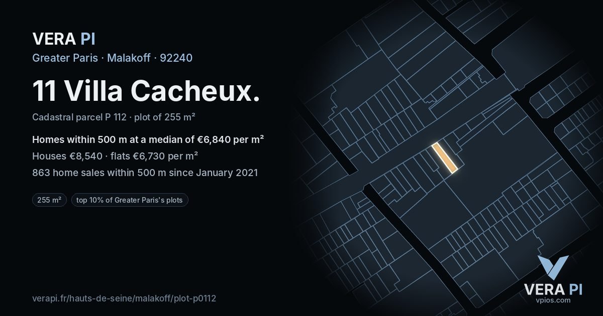11 Villa Cacheux, Malakoff at night – the plot lit, the parcels around coloured by the prices near them