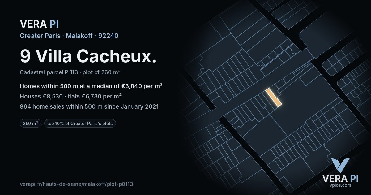 9 Villa Cacheux, Malakoff at night – the plot lit, the parcels around coloured by the prices near them