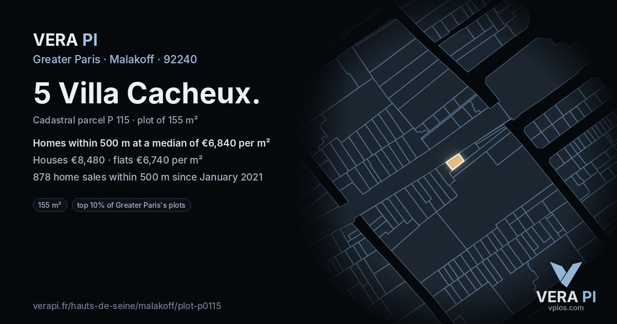 5 Villa Cacheux, Malakoff at night – the plot lit, the parcels around coloured by the prices near them