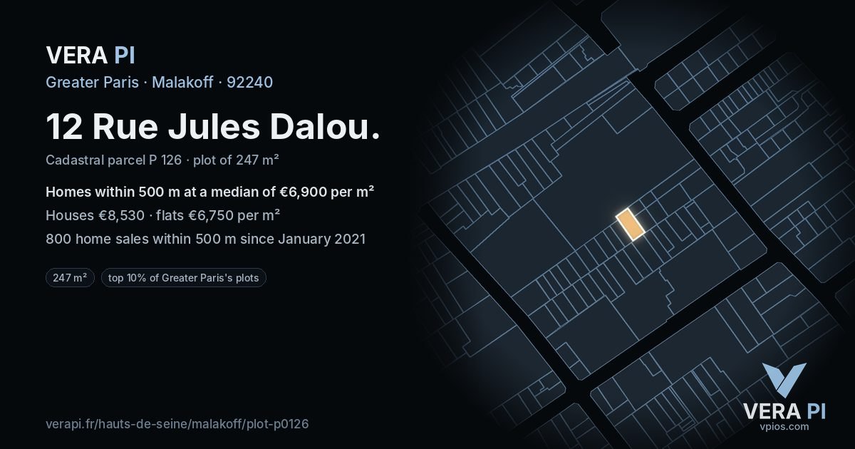12 Rue Jules Dalou, Malakoff at night – the plot lit, the parcels around coloured by the prices near them