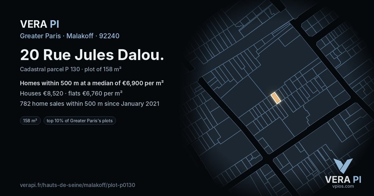 20 Rue Jules Dalou, Malakoff at night – the plot lit, the parcels around coloured by the prices near them