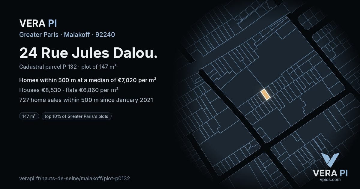 24 Rue Jules Dalou, Malakoff at night – the plot lit, the parcels around coloured by the prices near them