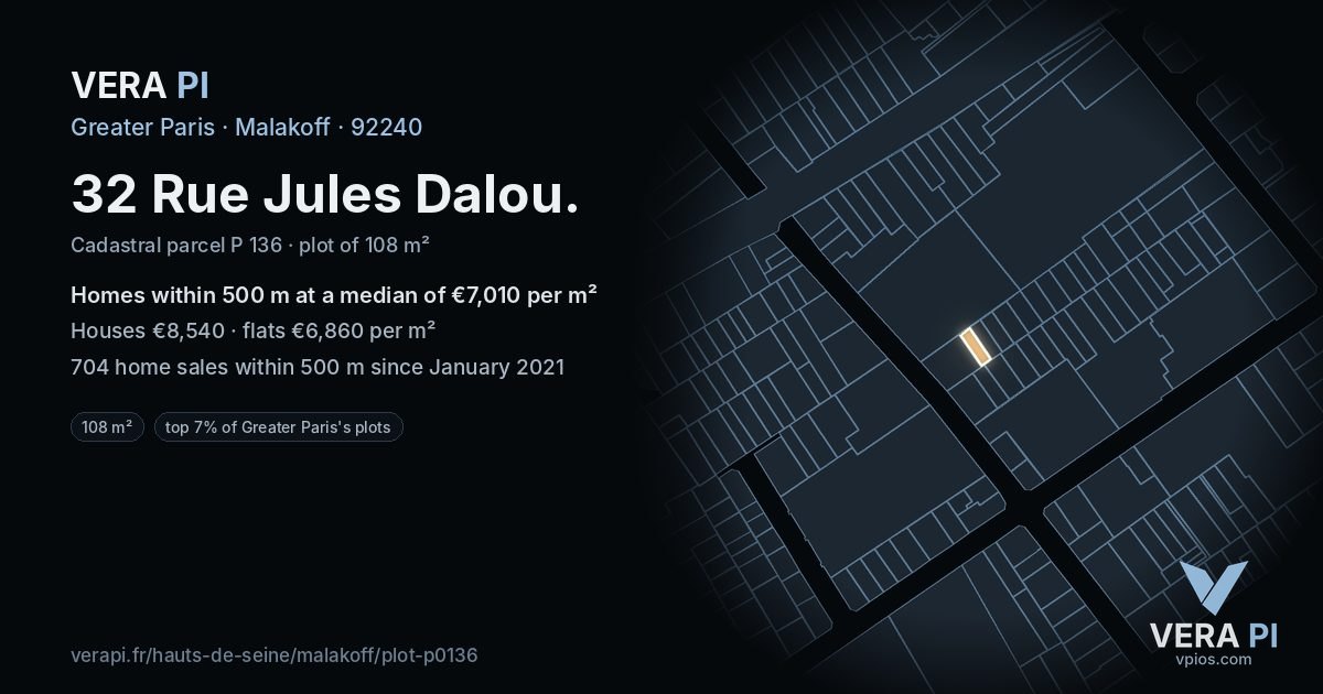 32 Rue Jules Dalou, Malakoff at night – the plot lit, the parcels around coloured by the prices near them