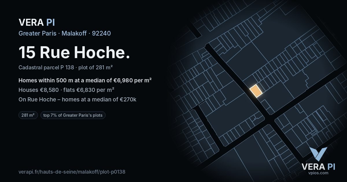 15 Rue Hoche, Malakoff at night – the plot lit, the parcels around coloured by the prices near them