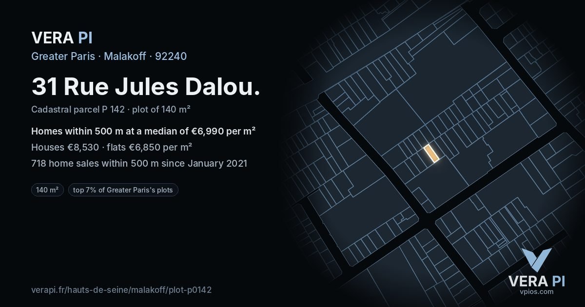 31 Rue Jules Dalou, Malakoff at night – the plot lit, the parcels around coloured by the prices near them