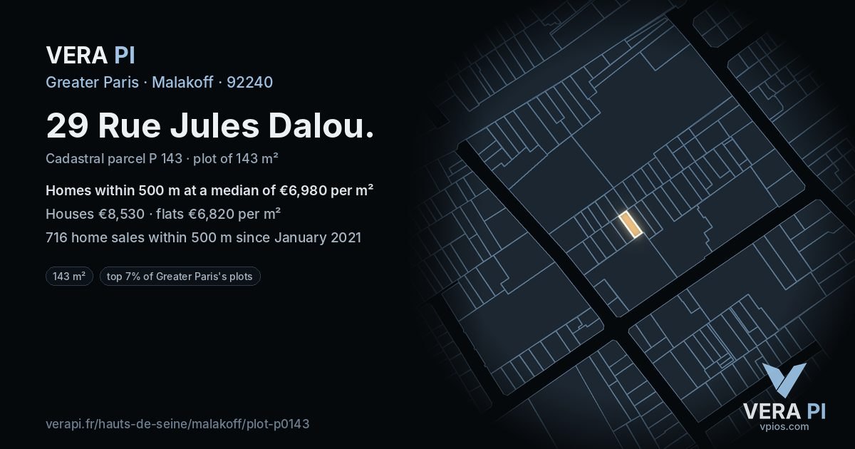29 Rue Jules Dalou, Malakoff at night – the plot lit, the parcels around coloured by the prices near them