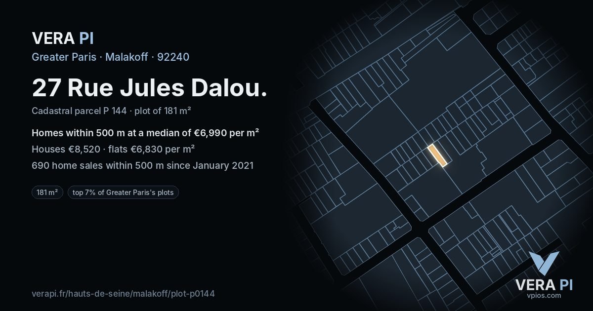 27 Rue Jules Dalou, Malakoff at night – the plot lit, the parcels around coloured by the prices near them