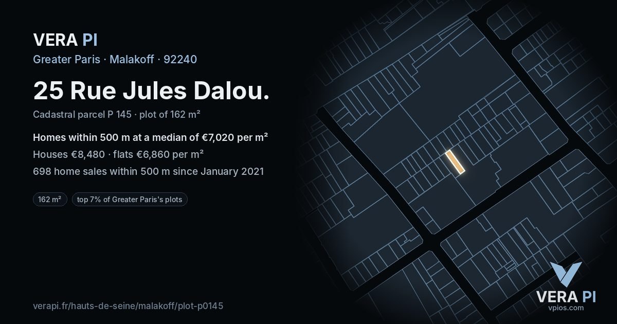 25 Rue Jules Dalou, Malakoff at night – the plot lit, the parcels around coloured by the prices near them