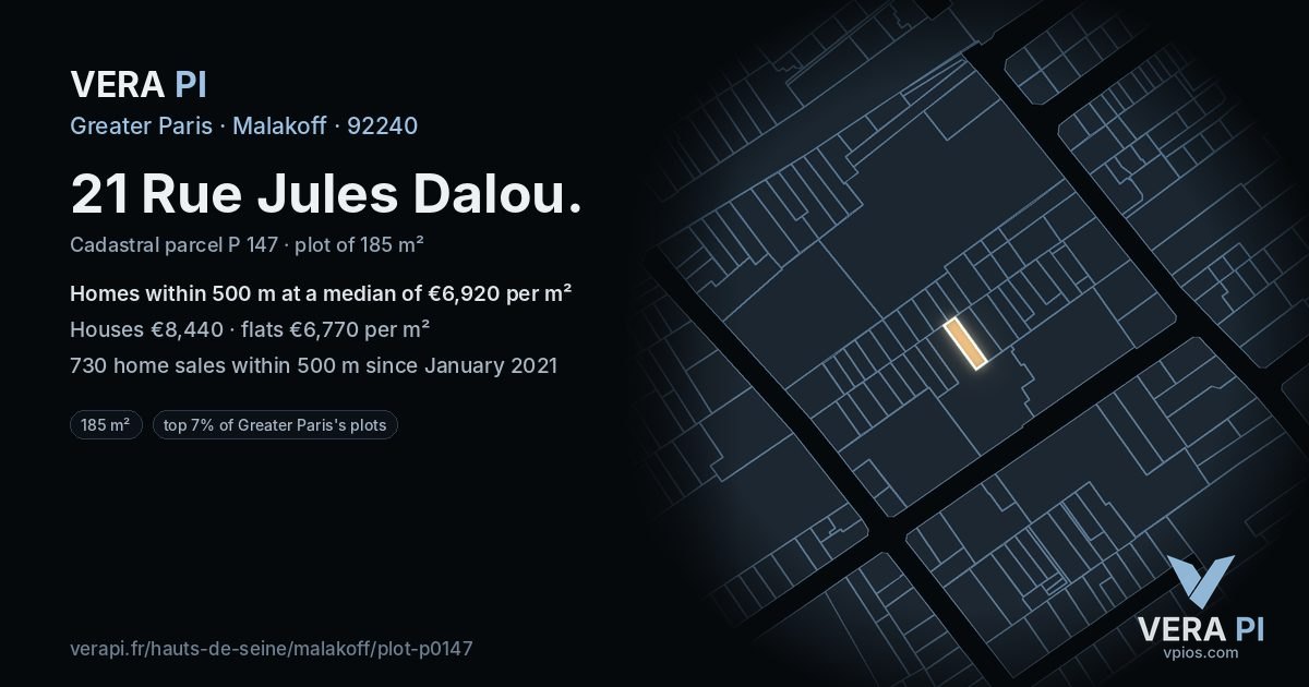 21 Rue Jules Dalou, Malakoff at night – the plot lit, the parcels around coloured by the prices near them