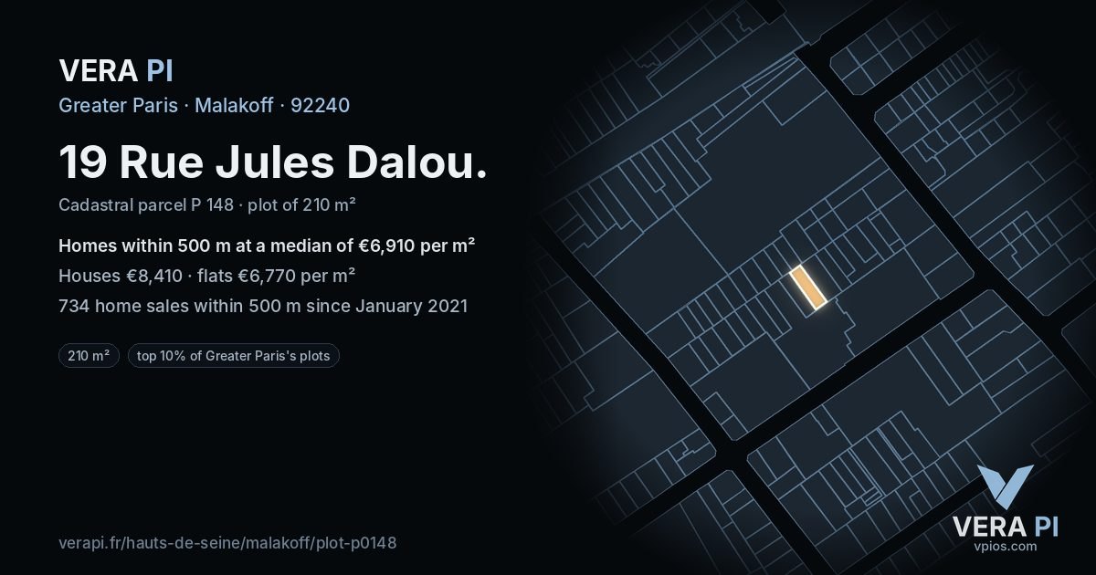 19 Rue Jules Dalou, Malakoff at night – the plot lit, the parcels around coloured by the prices near them
