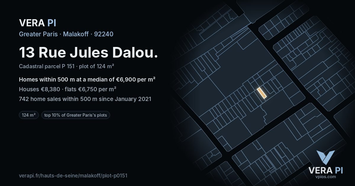 13 Rue Jules Dalou, Malakoff at night – the plot lit, the parcels around coloured by the prices near them