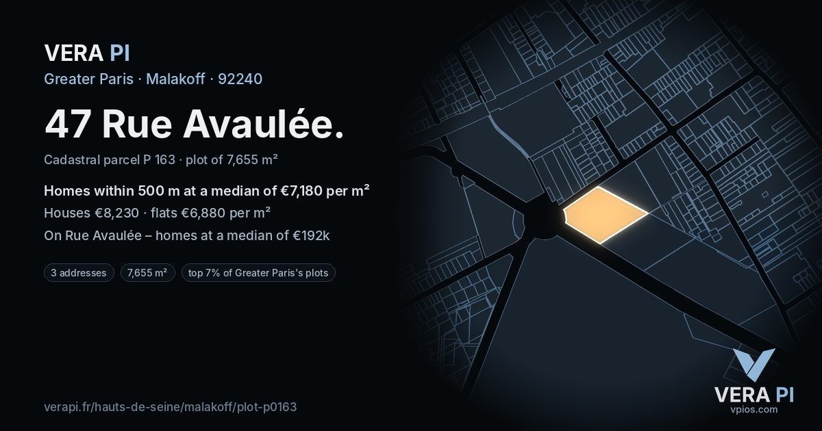 47 Rue Avaulée, Malakoff at night – the plot lit, the parcels around coloured by the prices near them