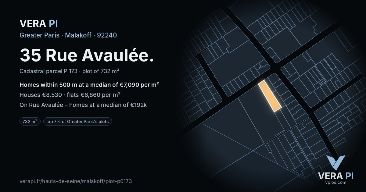 35 Rue Avaulée, Malakoff at night – the plot lit, the parcels around coloured by the prices near them