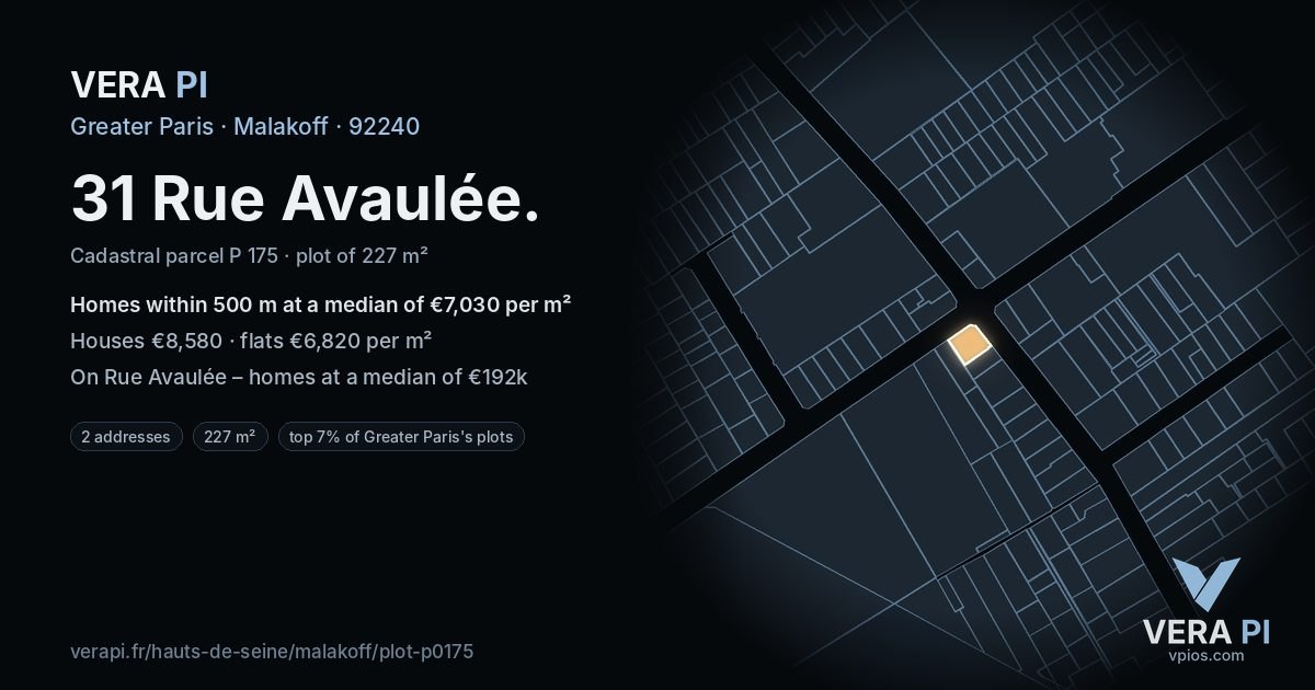 31 Rue Avaulée, Malakoff at night – the plot lit, the parcels around coloured by the prices near them