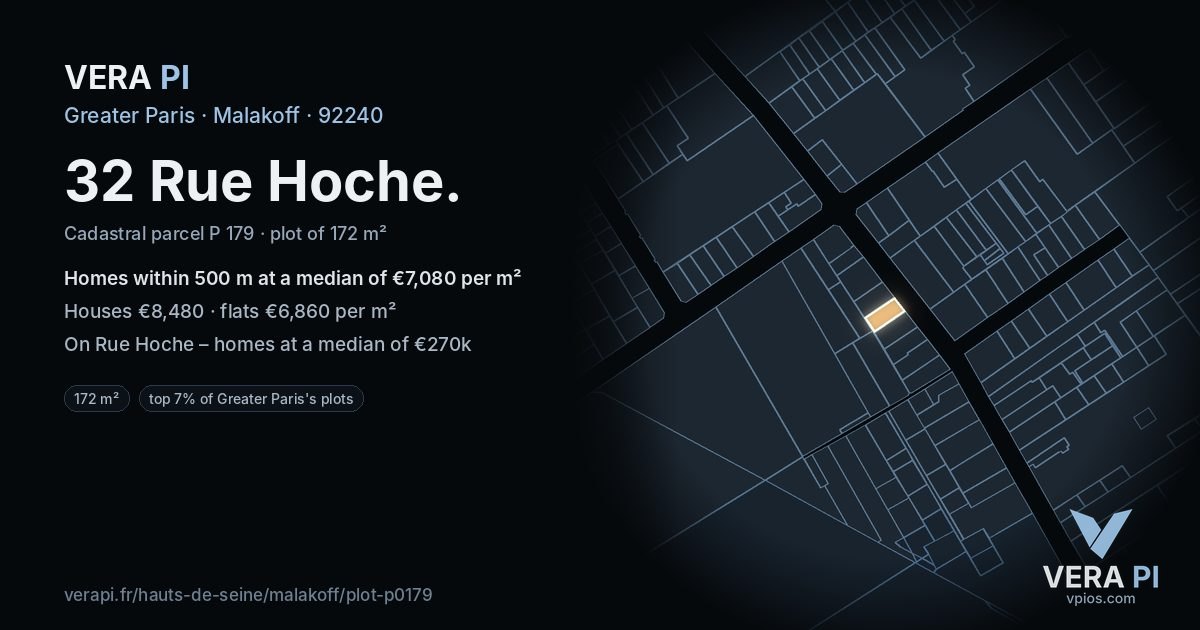 32 Rue Hoche, Malakoff at night – the plot lit, the parcels around coloured by the prices near them