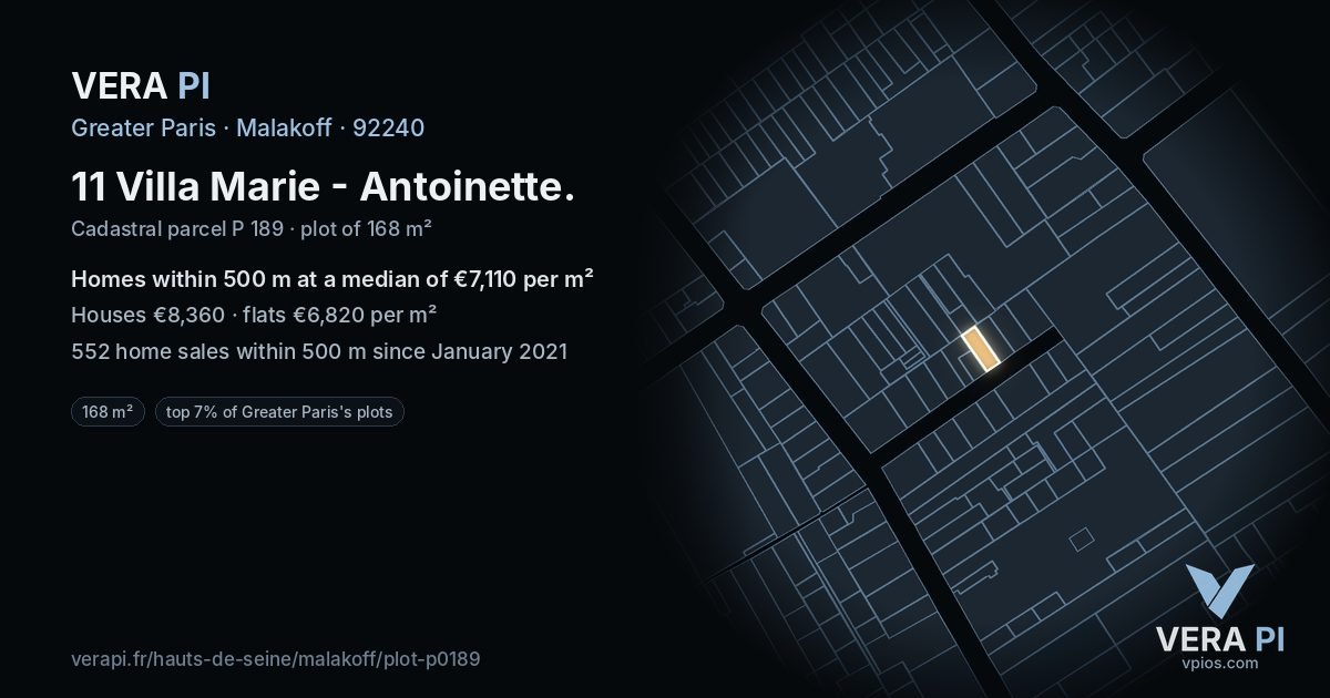 11 Villa Marie - Antoinette, Malakoff at night – the plot lit, the parcels around coloured by the prices near them