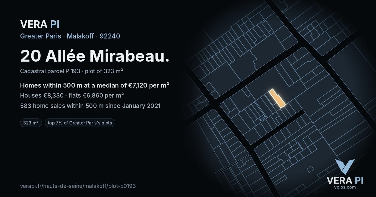 20 Allée Mirabeau, Malakoff at night – the plot lit, the parcels around coloured by the prices near them