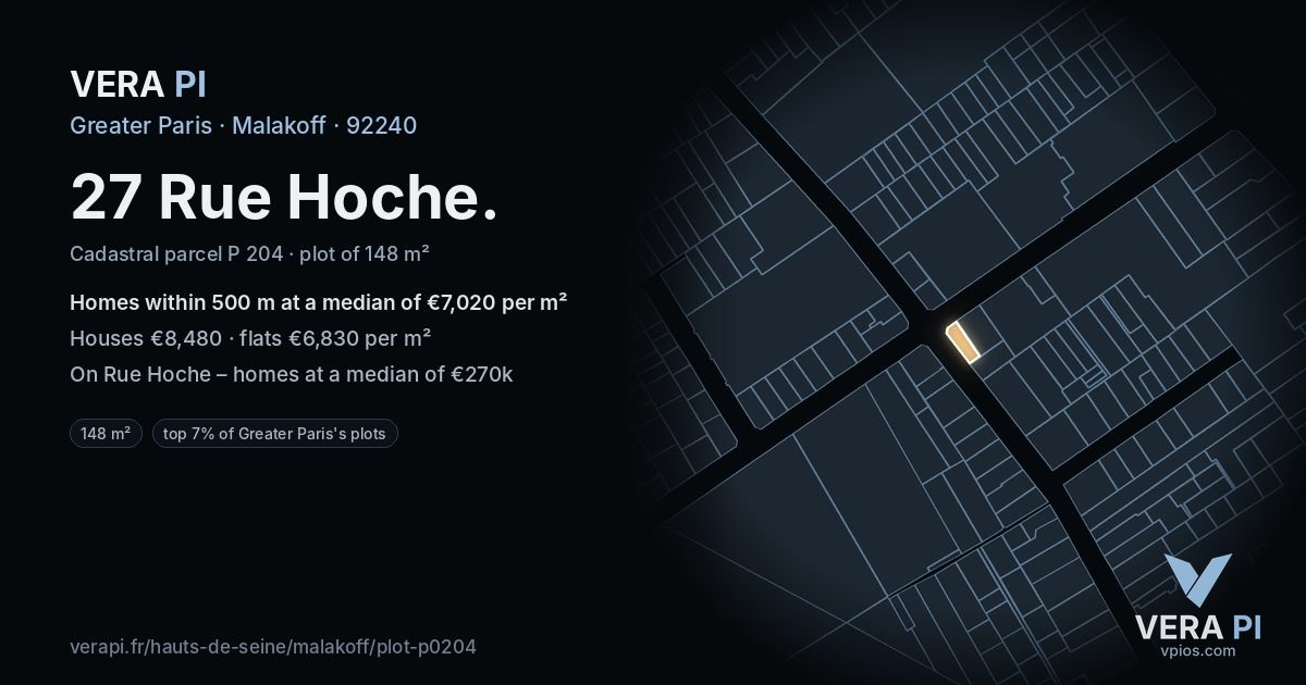 27 Rue Hoche, Malakoff at night – the plot lit, the parcels around coloured by the prices near them