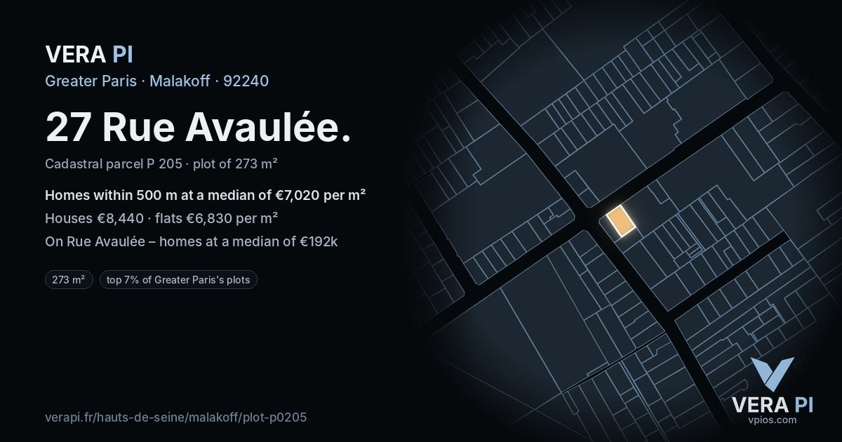 27 Rue Avaulée, Malakoff at night – the plot lit, the parcels around coloured by the prices near them