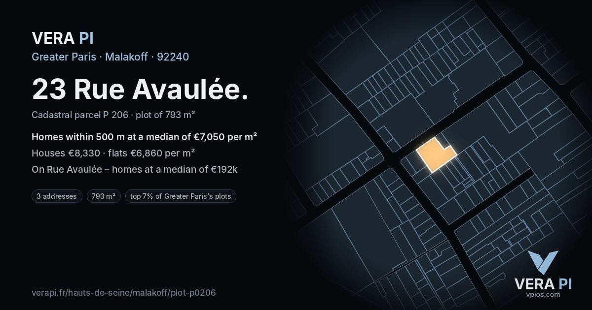 23 Rue Avaulée, Malakoff at night – the plot lit, the parcels around coloured by the prices near them